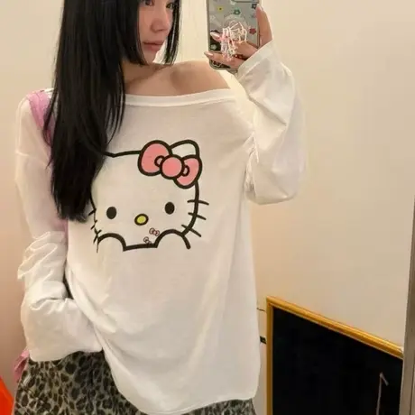 韩国东大门夏季新款宽松百搭休闲KT猫咪露肩长袖T恤上衣防晒罩衫图片