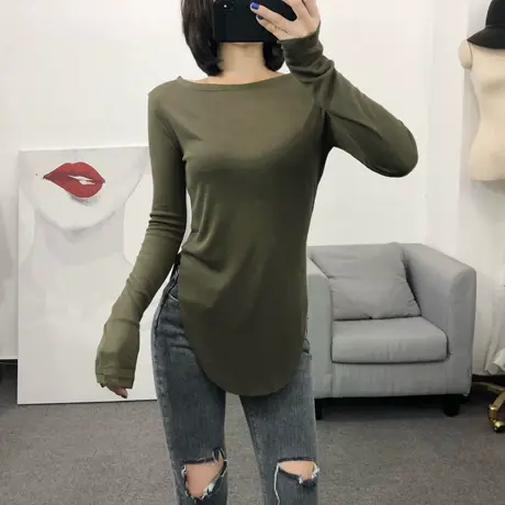 欧洲站春秋新品百搭下摆弧形不规则上衣女长袖t恤薄款显瘦打底衫商品大图