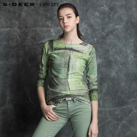 sdeer圣迪奥2018秋女沉稳绿调印花长款针织S16183594图片