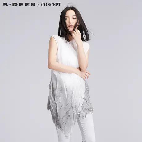 sdeer圣迪奥无袖雪纺衫肌理折痕挺括晕染开襟上衣S16281609图片