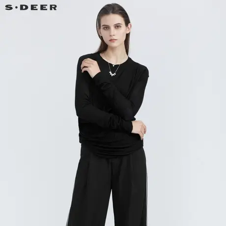 sdeer圣迪奥女装时尚罗纹圆领堆叠不规则针织衫毛衣S21183503图片