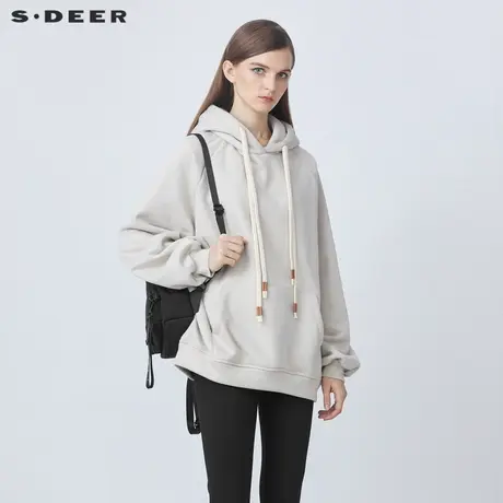 sdeer圣迪奥女装抽绳连帽加绒宽松慵懒风卫衣外套冬季S21462205图片