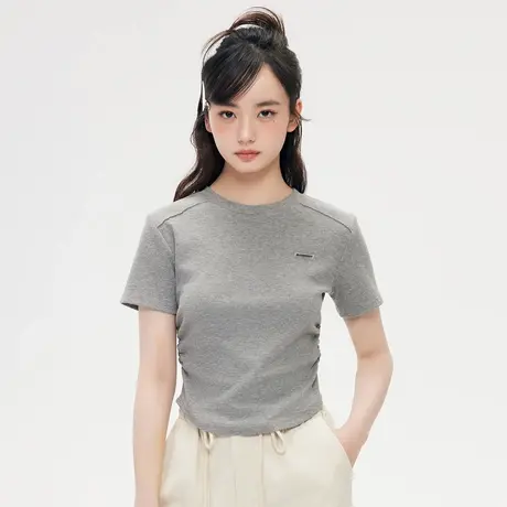 尔给夏季修身正肩美式短款短袖t恤女2024新款设计感小众收腰上衣商品大图