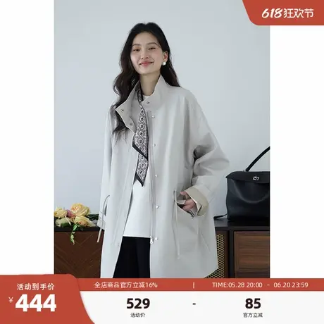 嘉茱莉2025春季新款小个子中长款风衣女宽松休闲立领外套抽绳上衣商品大图