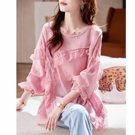 宝诗黎中长款蕾丝拼接衬衫女2025春季韩系时尚宽松百搭大码衬衣图片