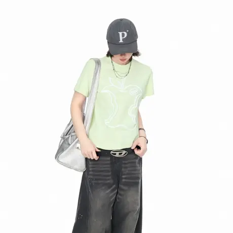 2025夏季新款发泡印花正肩短袖T恤女ins甜辣风修身短款半袖上衣图片