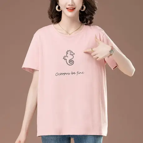 妈妈夏装全棉短袖T恤宽松加肥大码女装中年休闲烫钻百搭显瘦体恤图片