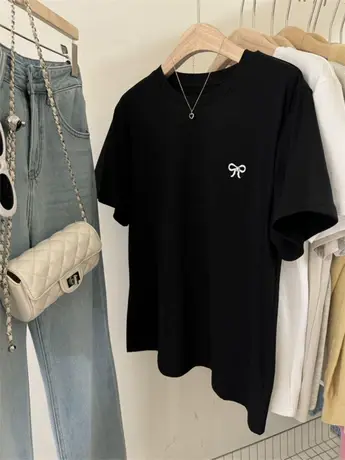 洋气时髦刺绣蝴蝶结小香风短袖T恤 早款舒适弹力圆领套头打底tee商品大图