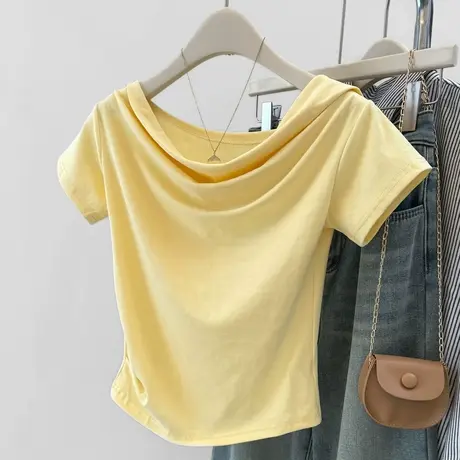 韩系甜辣妹纯欲荡领短袖T恤女夏季修身韩版短款一字斜肩露肩上衣商品大图