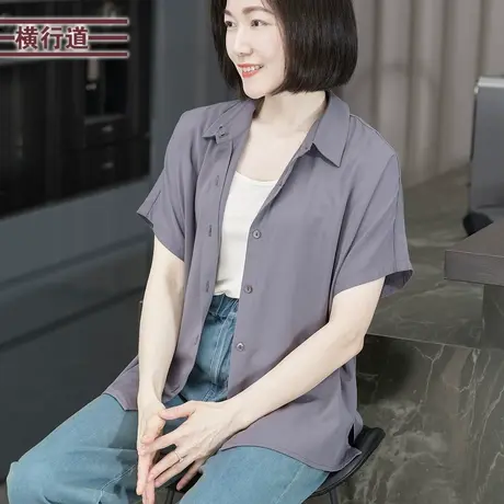 宽松连肩袖翻领衬衫宽松大码女纯色简约上衣韩版衬衣2025夏装新款商品大图