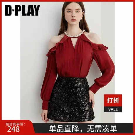 DPLAY2025春季法式风红色镂空露肩雪纺衫设计感气质小衫上衣女商品大图