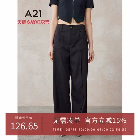 A21女装黑色宽松阔腿休闲裤夏新款简约垂感长裤设计感口袋直筒裤商品大图