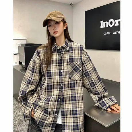 MJ STYLE美式复古格子衬衫女款夏季潮宽松休闲透气衬衣男女同款商品大图