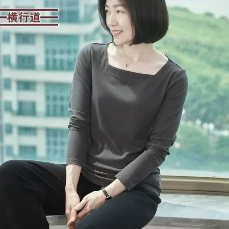 复古方领抽褶长袖T恤褶皱打底衫收腰春装上衣服女装小衫纯色内搭图片