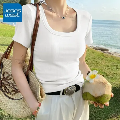 KV真维斯凉感T恤女短袖白2025新款 夏薄款吸汗透气方领百搭打底衫商品大图