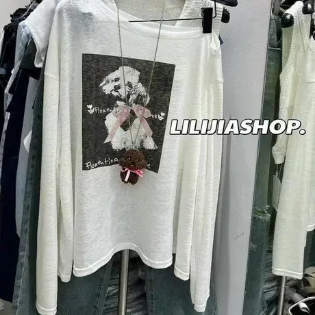 韩国东大门夏季新款韩版可爱小狗印花斜领露肩长袖T恤防晒衫上衣商品大图