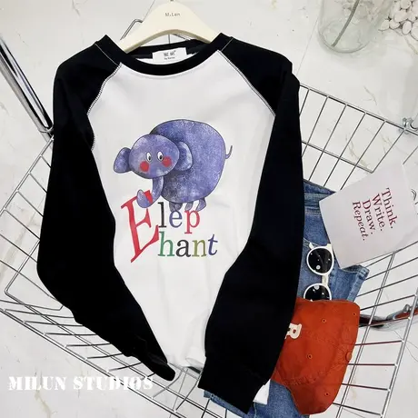 2022秋季韩版长袖上衣设计感卡通涂鸦小象复古插肩袖卫衣内搭欧货图片