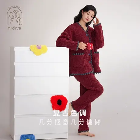 妮狄娅睡衣女冬季保暖小香风开衫绒款复古红色结婚喜庆家居服套装商品大图