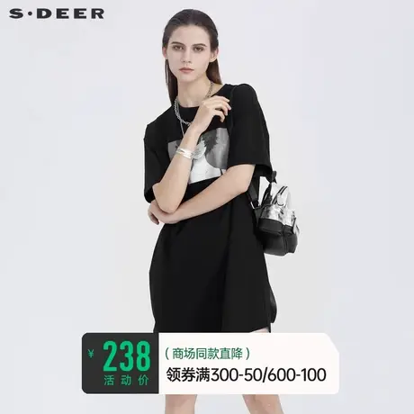 sdeer圣迪奥女装夏季短袖简约圆领人像印花长款正肩T恤S21280189🥗商品大图