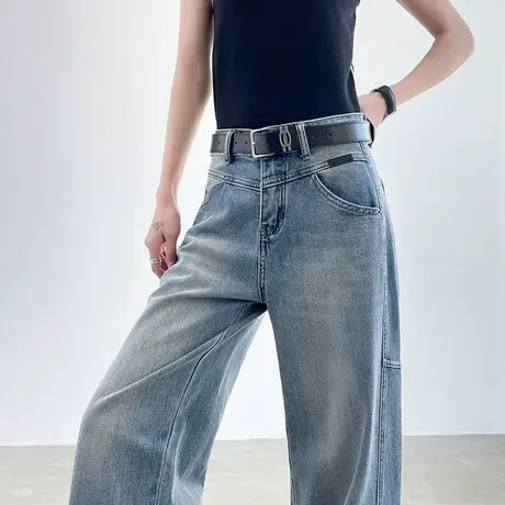 水洗做旧复古牛仔裤女春秋新款高腰宽松显瘦垂感窄版直筒阔腿裤子商品大图