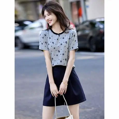 时尚短袖T恤2025年夏季新款女简约大气百搭休闲套头小碎花上衣图片