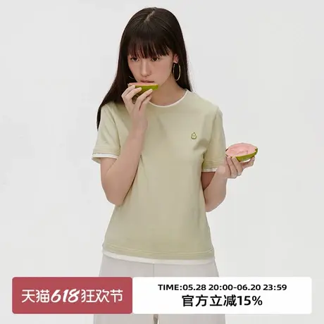 omont蛋挞家 假两件撞色短袖T恤2025春季设计感圆领宽松休闲上衣商品大图
