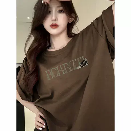 深棕色美拉德穿搭小众潮牌t恤100%重磅纯棉高街短袖女夏季ins上衣图片