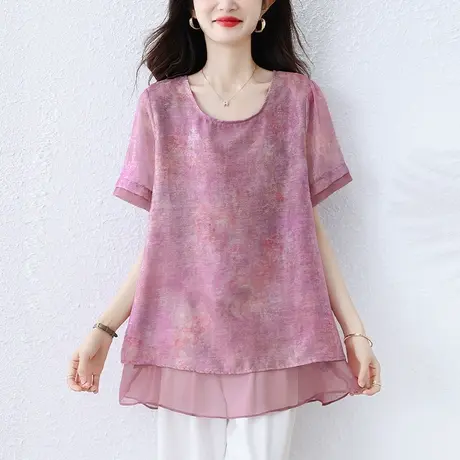 雪纺衫女短袖夏季新款加肥加大码女装宽松假两件百搭显瘦小衫上衣图片