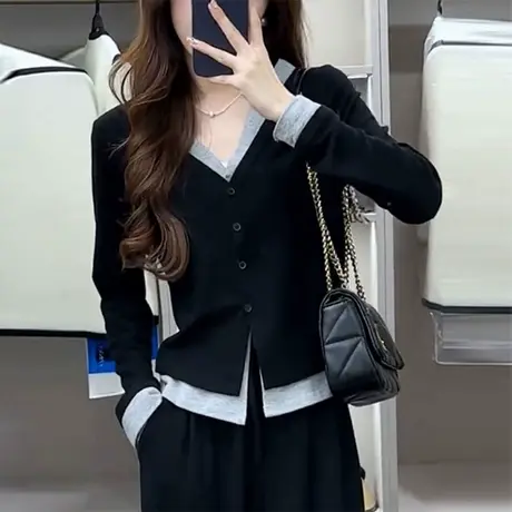 纽扣开衫假两件长袖T恤女秋季韩版修身内搭外穿短款打底衫上衣潮商品大图