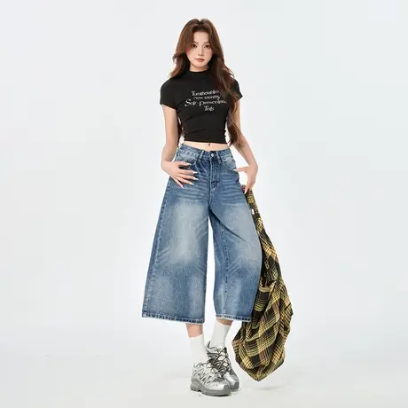 MJ STYLE牛仔裤女夏薄款2025新款小个子高腰短裤宽松显瘦七分裤商品大图