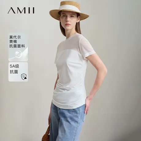 Amii2025夏新款圆领网纱拼接莫代尔棉弹力短袖T恤女修身显瘦上衣商品大图