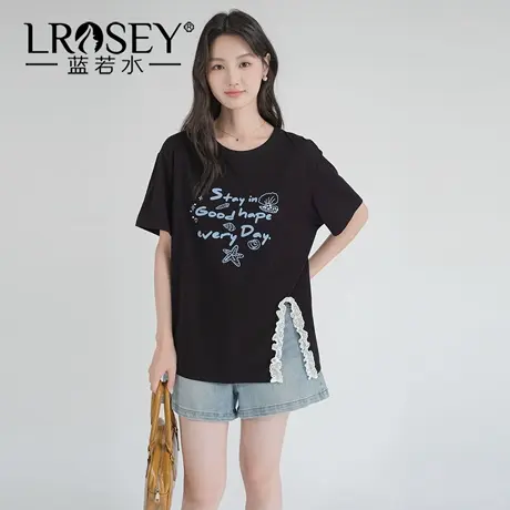 蓝若水大码女装2025夏季新品胖MM蕾丝边开叉T恤字母印花钉珠上衣商品大图