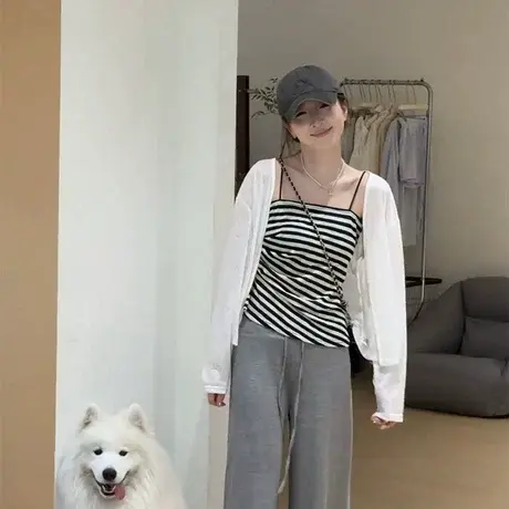 韩系褶皱条纹抹胸吊带+纯色长袖防晒开衫2025夏季新款两件套女图片