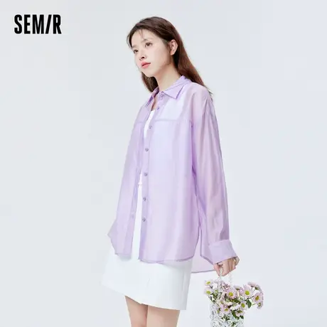 森马夏款长袖衬衫女士中长款白色开叉宽松上衣夏季紫色透肤薄衬衣商品大图