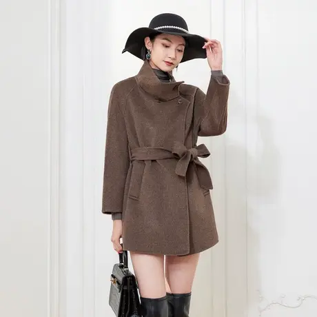 希区瑞普新品立领女双面呢羊毛宽松百搭棕色腰带短大衣外套图片