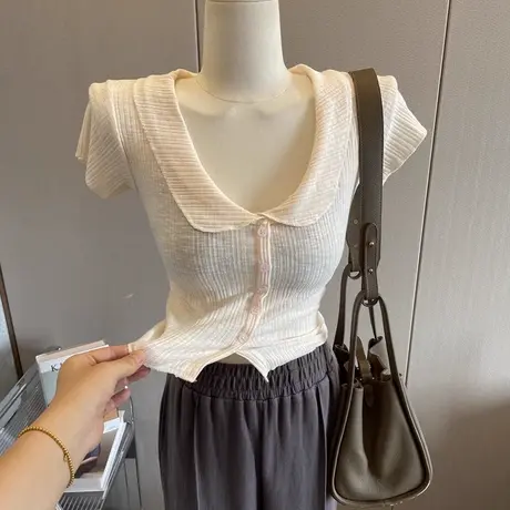 韩国东大门减龄可爱小翻领性感显身材紧身显瘦短款短袖T恤上衣女商品大图