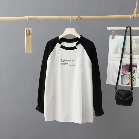 2024年秋季新款t恤衫女宽松打底衫长袖设计感拼接体恤休闲上衣图片
