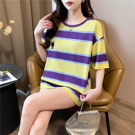 2024夏季新款条纹t恤女短袖网红ins超火上衣宽松韩版百搭港风体恤商品大图