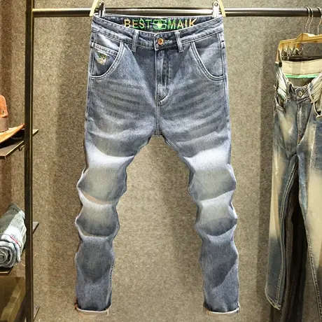 高端水洗小直筒牛仔裤男潮流韩版百搭裤子个性腰头刺绣斜口袋长裤商品大图