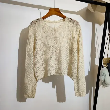 镂空针织开衫女春夏新款圆领百搭吊带裙子外搭长袖披肩上衣防晒衫图片
