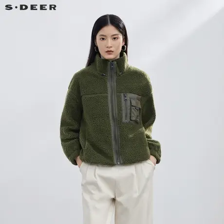 sdeer圣迪奥女装时尚高领抽绳插袋仿羊羔绒外套S21462221图片