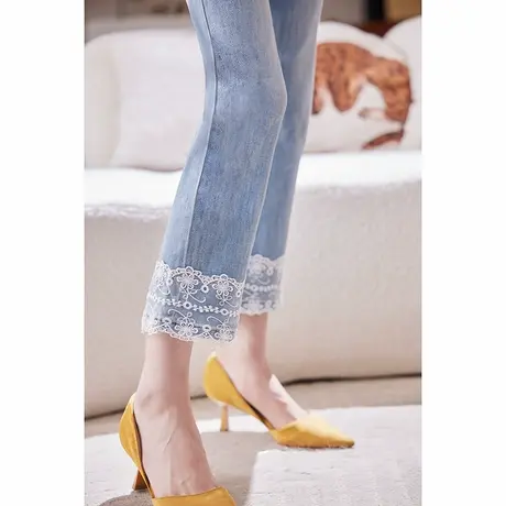 宝诗黎高腰蕾丝拼接蓝色牛仔裤2025春季气质显瘦百搭休闲直筒裤女商品大图