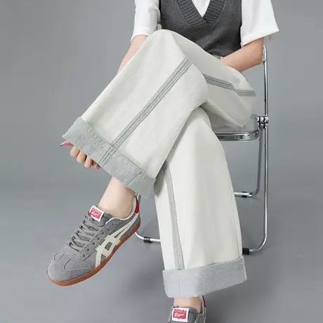 设计感撞色卷边阔腿牛仔裤女2025新款高腰欧货显瘦宽松百搭直筒裤商品大图