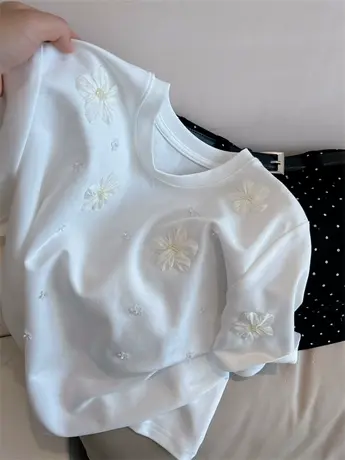 法式香香风~立体山茶花刺绣钉珠甜美气质圆领显瘦纯棉短袖T恤女夏商品大图