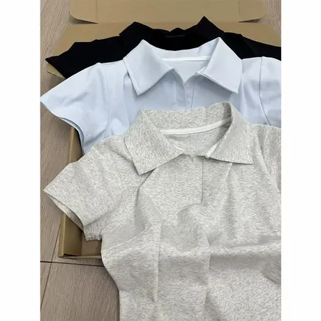 韩系高级感V领POLO衫短袖T恤女夏季修身韩版短款小个子正肩上衣潮商品大图