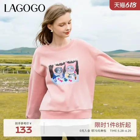 LAGOGO加厚套头圆领卫衣女拉谷谷秋冬新款假两件设计感猫咪上衣商品大图