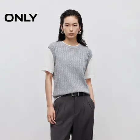 ONLY2025秋季新款复古麻花织法假两件撞色拼接圆领短袖针织衫女商品大图