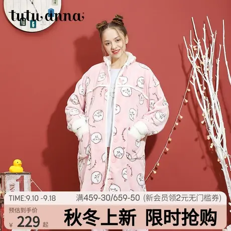 tutuanna睡衣女秋冬珊瑚绒加厚卡通图案满印前开冬季保暖可爱睡裙商品大图