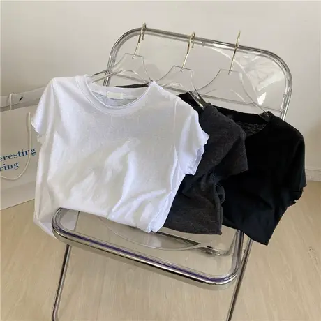 韩版夏季双层卷边圆领纯色百搭雪花棉质短袖t恤女通勤基础内搭商品大图