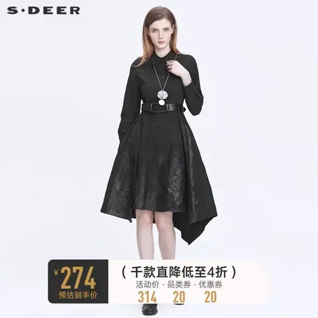 sdeer圣迪奥女秋装肌理褶皱收腰不规则衬衫连衣裙S22181215商品大图